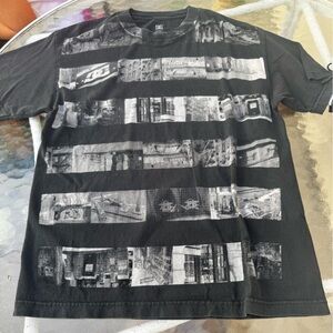 DC Black Short Sleeve Graphic Tee with Gray Striped Photoprint